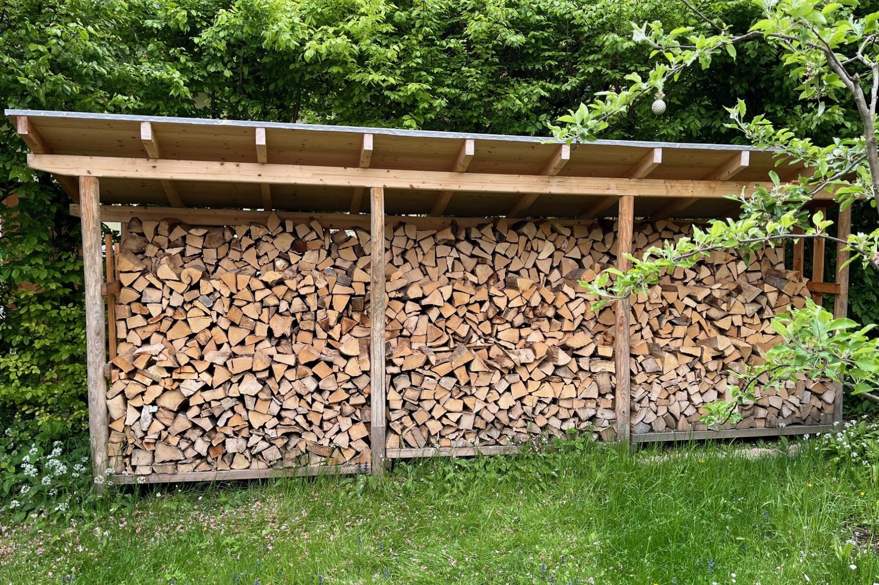 Holzlege große Holzlege im Garten mit gestapeltem Feuerholz unter einem Dach, umgeben von Bäumen.