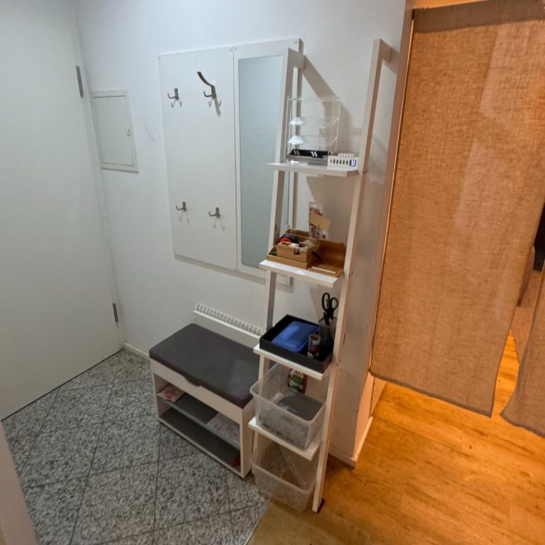 Eingang_vorher Eingangsbereich mit Spiegel, Sitzbank und Regal für Aufbewahrung. Heller Holzfußboden.